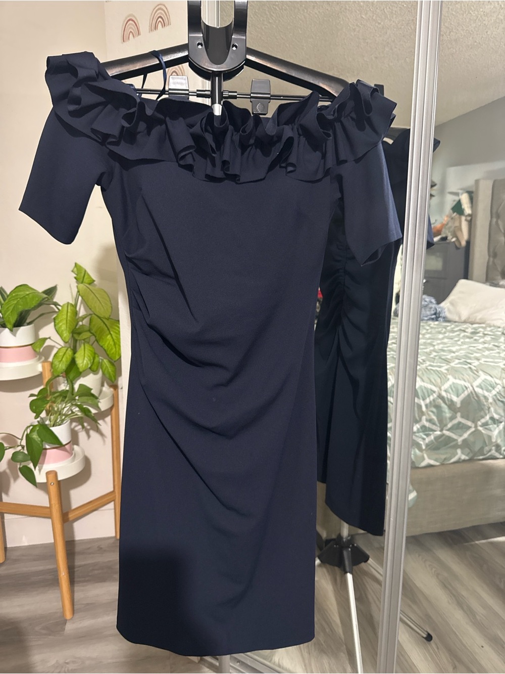 Xscape Navy Off-Shoulder Ruffle Sheath Dress